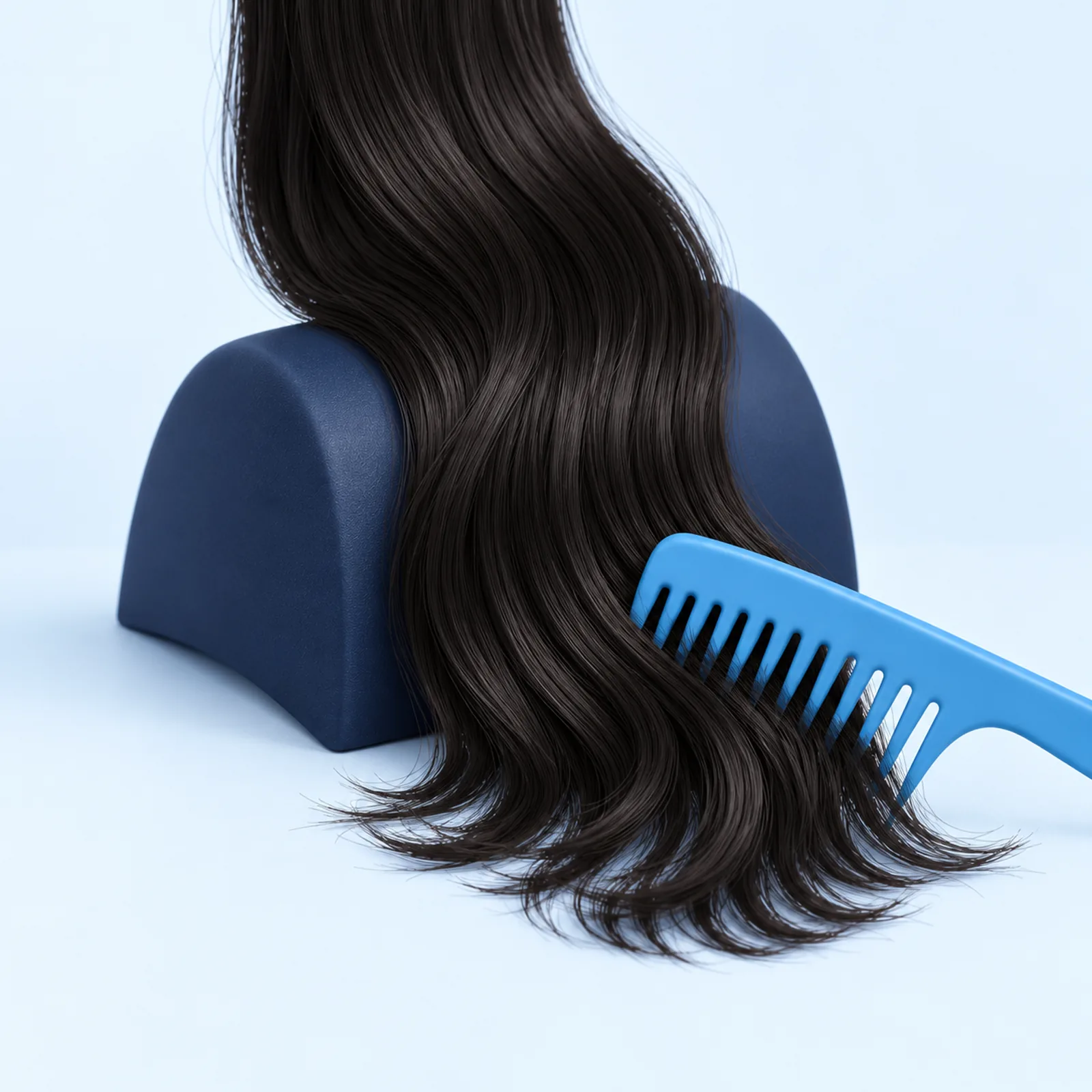 Illustration of a comb gently detangling the supported ends of a wig