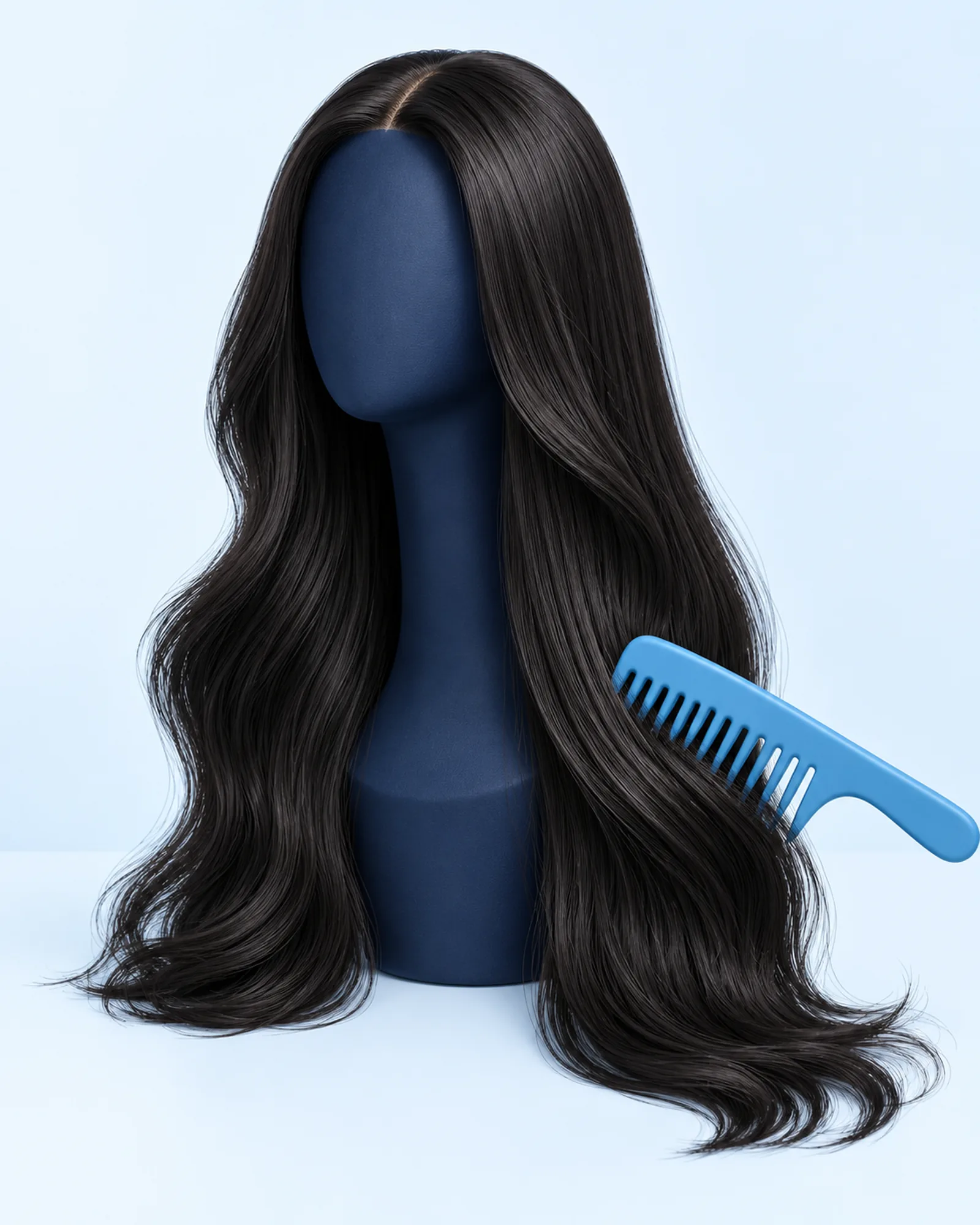 Illustration of a supported wig being gently detangled with a wide-tooth comb